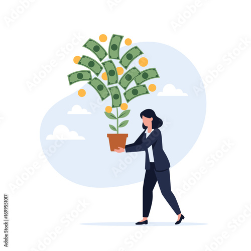 Businesswoman nurturing a plant that grows into a money tree symbolizing financial growth and investment success concept