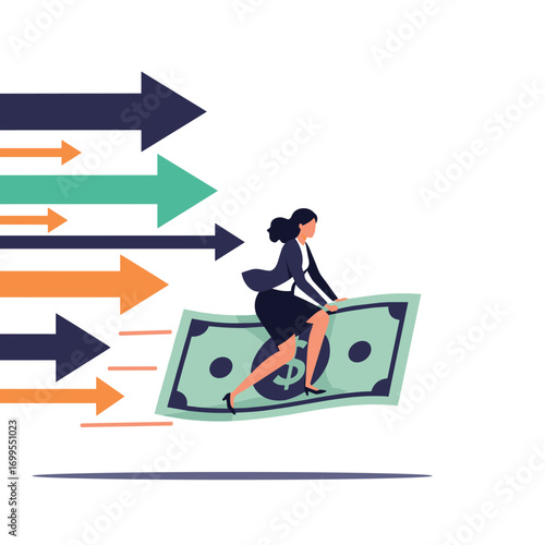 Businesswoman riding a dollar bill with arrows indicating forward momentum and growth opportunities