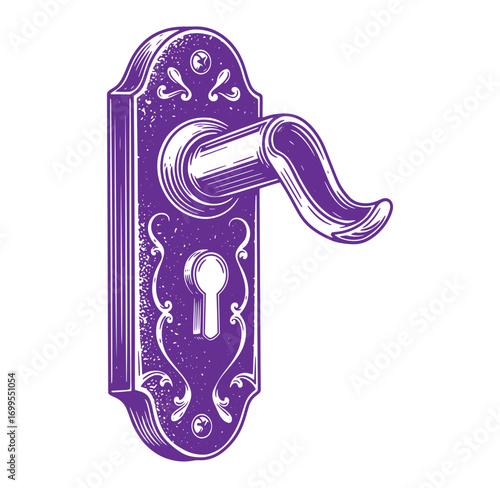 Detailed purple door handle design with decorative elements and keyhole illustration