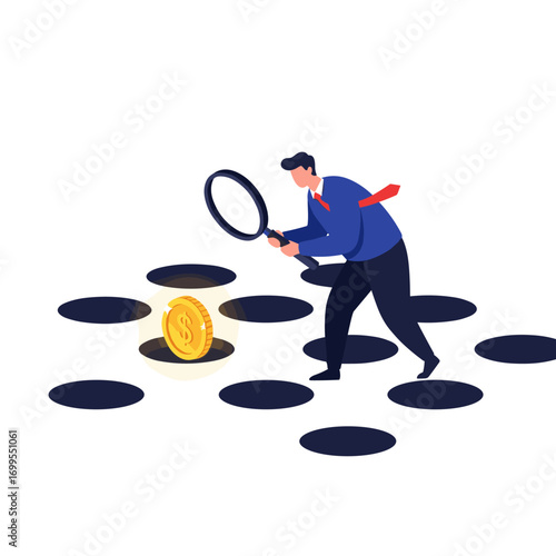 Businessman carefully searching for financial opportunities among many pitfalls and risks carefully navigating unknown territory