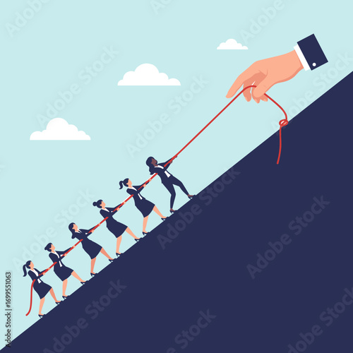 Teamwork and leadership effort ascending a steep hill together with guidance
