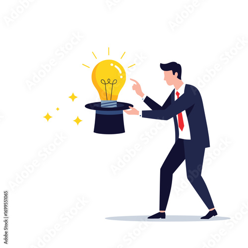 Businessman conjures a bright idea from a magic hat representing innovation and creative solutions for business success