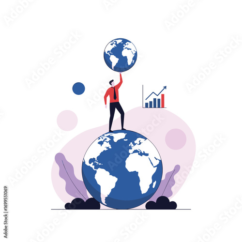 A man balances two globes one large and one small representing global business growth and success