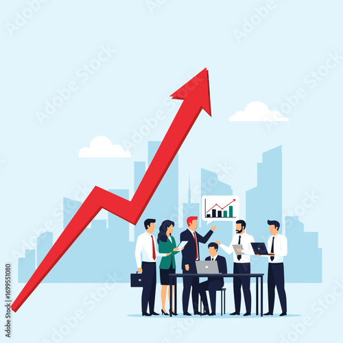 Business growth and development team meeting discussing financial performance and market strategy