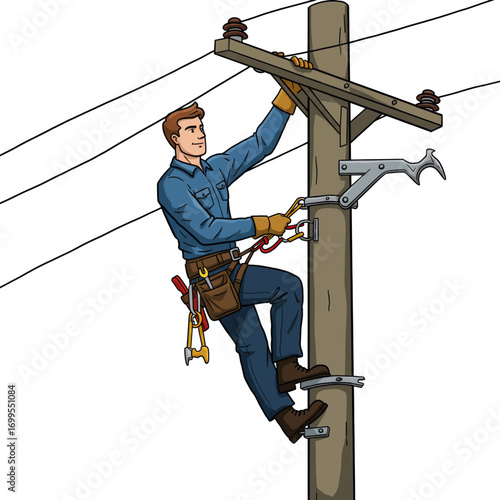 A male lineman wearing a tool belt and safety gear climbs a wooden utility pole to work on electrical power lines.