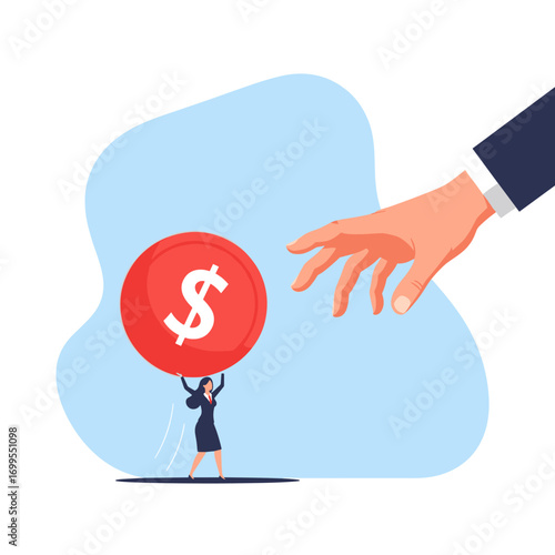 Small business owner struggling to lift large coin while giant hand reaches for it demonstrating financial pressure