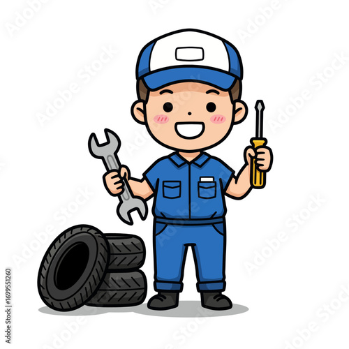 A cheerful cartoon mechanic wearing a blue uniform and cap, holding a wrench and screwdriver, with tires in the foreground.