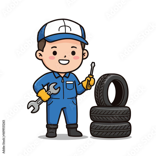 A friendly cartoon mechanic in a blue uniform and cap, holding a wrench and screwdriver, standing next to a stack of car tires.