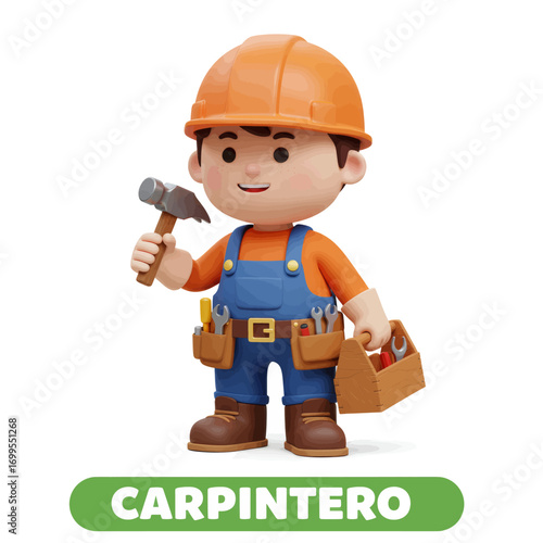 3D rendered illustration of a cartoon carpenter wearing an orange hard hat and holding a hammer.
