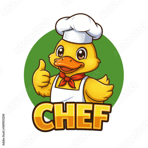 A friendly cartoon duck chef wearing a white hat and apron, giving a thumbs-up gesture, with the word 'CHEF' prominently displayed below.