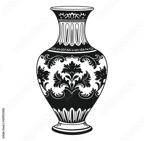 Elegant black and white floral patterned vase decorative design for vector graphics