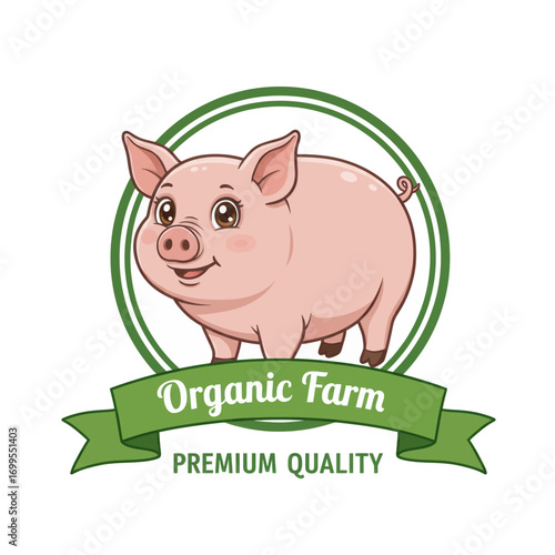 A cute cartoon pig stands proudly within a green circular emblem, with a banner below proclaiming 'Organic Farm Premium Quality'.