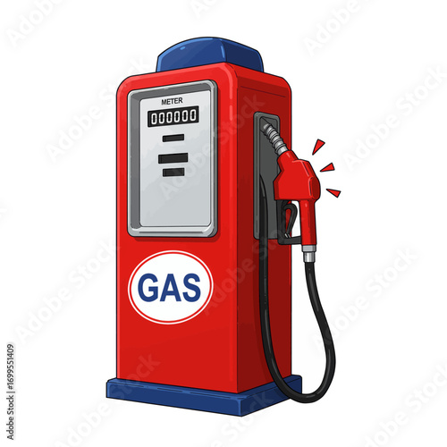 A vibrant red vintage gas pump with a hose and nozzle, displaying a zeroed meter, set against a white background.