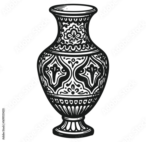 Elegant black and white hand drawn pottery vase with intricate floral design