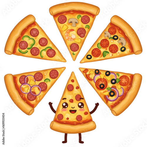 A delightful illustration of five pizza slices arranged around a cheerful, anthropomorphic pizza slice with arms and legs.