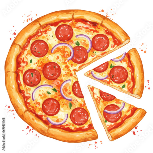Vibrant watercolor illustration of a whole pepperoni and red onion pizza with two slices separated from the main pie.