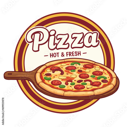 A vibrant illustration of a pizza on a wooden board, with a circular logo.