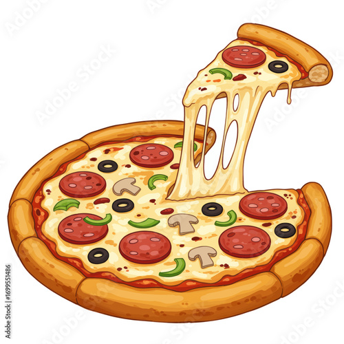 Cartoon pizza with pepperoni, olives, mushrooms, and green peppers with a slice being pulled.