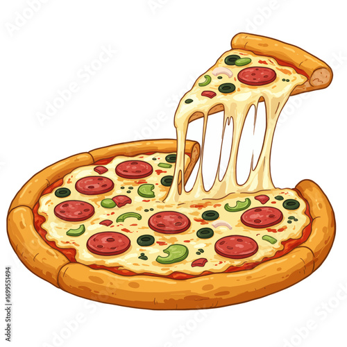 A delicious-looking pizza with a slice being pulled away, showcasing melted cheese and various toppings.