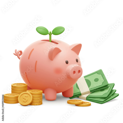 A cute pink piggy bank with a small green sprout growing from its back, surrounded by stacks of gold coins and a wad of cash.