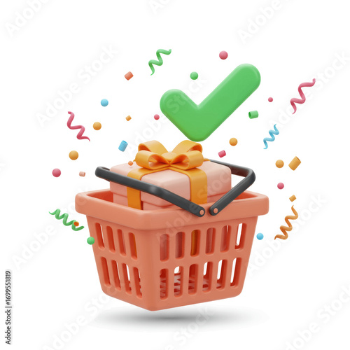 Shopping cart with gift box and check mark, signifying successful purchase.