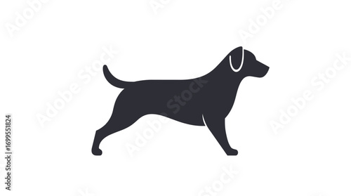 A simple, stylized silhouette of a dog walking, depicted in a dark color.