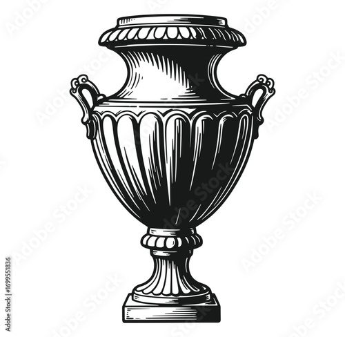 Elegant engraved black and white classical urn with ornate handle design