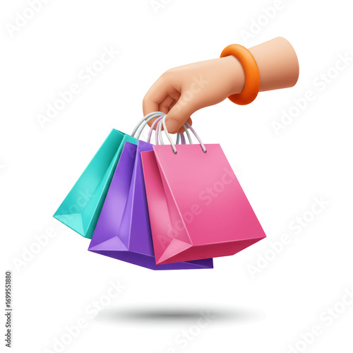 Hand holding colorful shopping bags, illustration.