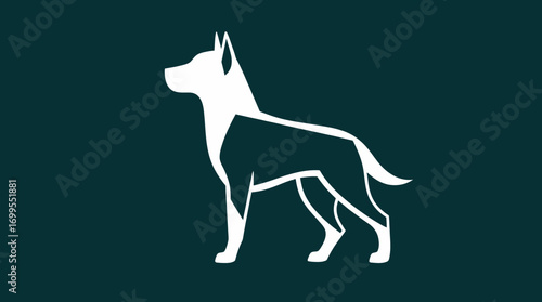A minimalist white line drawing of a dog standing against a black background.