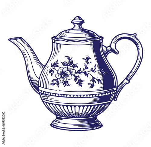 Elegant engraved illustration of a vintage blue and white floral decorated teapot