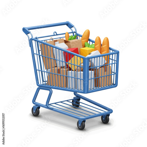 A blue shopping cart full of groceries and various cardboard boxes.