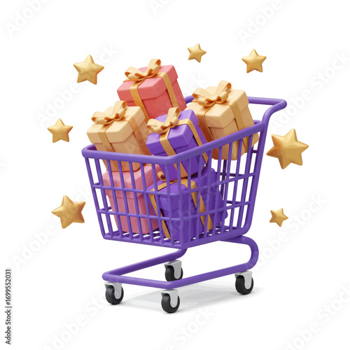A 3D illustration of a purple shopping cart overflowing with wrapped gift boxes, surrounded by floating golden stars on a white background.