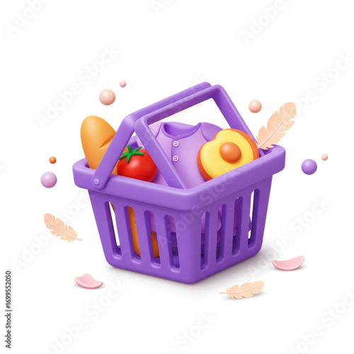 A vibrant purple shopping basket filled with groceries and baby clothes, surrounded by floating feathers and spheres.
