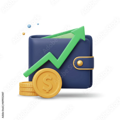 Growing finances: 3D wallet with upward arrow and coins.