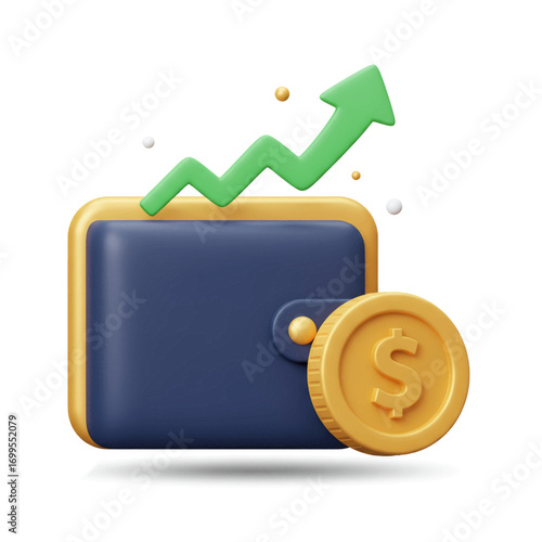 A 3D illustration of a wallet with a dollar coin and a green arrow pointing up, symbolizing financial growth and profit.