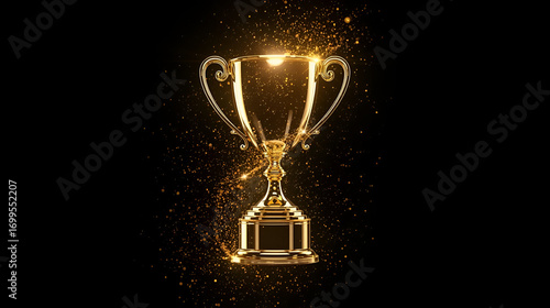 Golden trophy glowing particles around isolated on black background symbol of success award celebration achievement