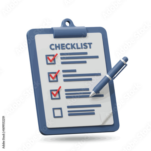 A 3D rendered image of a blue clipboard with a checklist and a pen, indicating tasks completed.
