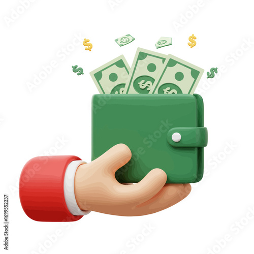 A cartoon hand holds a green wallet overflowing with cash.