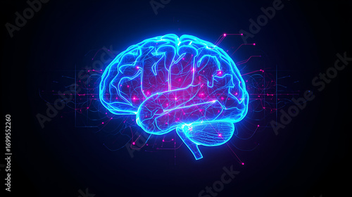 3D render glowing neon brain hologram futuristic AI technology concept isolated on black background hyper detail
