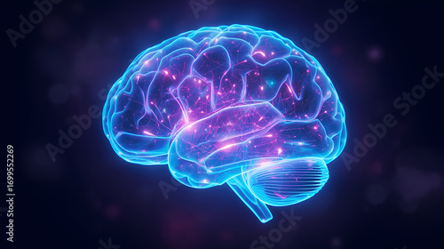 3D render glowing neon brain hologram futuristic AI technology concept isolated on black background hyper detail