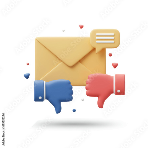 A 3D rendering of a message receiving negative feedback, with two thumbs down icons in front of a yellow envelope.