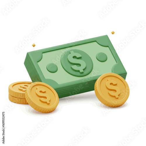 3D rendering of dollar bill and coins.