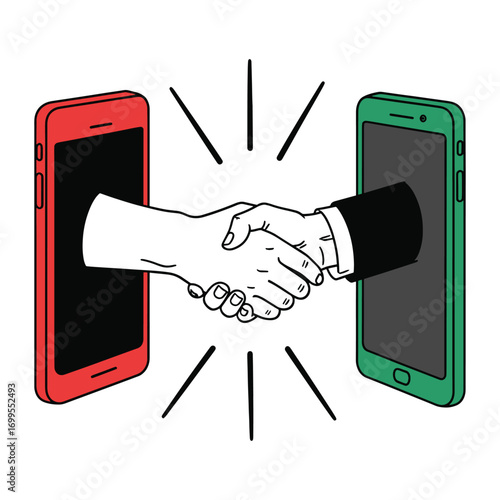 Flat vector illustration Business handshake over phones, digital deal success