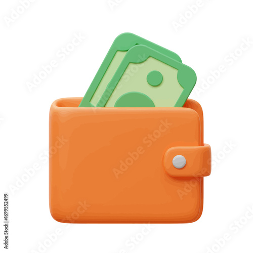 A 3D rendered icon of an orange wallet filled with green cash banknotes on a white background.
