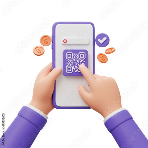 Hands holding a smartphone with a QR code displayed, for mobile payment or digital transaction.