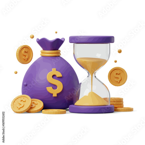 Purple money bag and hourglass with gold coins.
