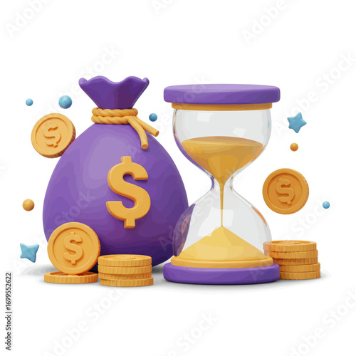 A purple money bag with a dollar sign and an hourglass filled with sand, surrounded by gold coins and small blue stars, symbolizing financial growth and the passage of time.