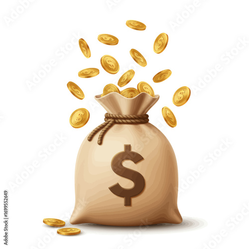 Money bag with gold coins spilling out, representing wealth and prosperity.