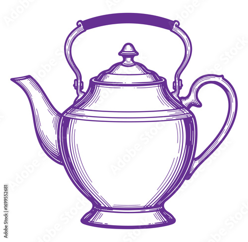 Elegant hand drawn vintage illustration of a classic tea kettle in purple outline