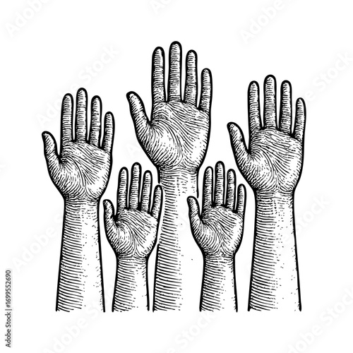 Hand Drawn Engraved Raised Hands with Open Palms Vector Illustration in Black and White